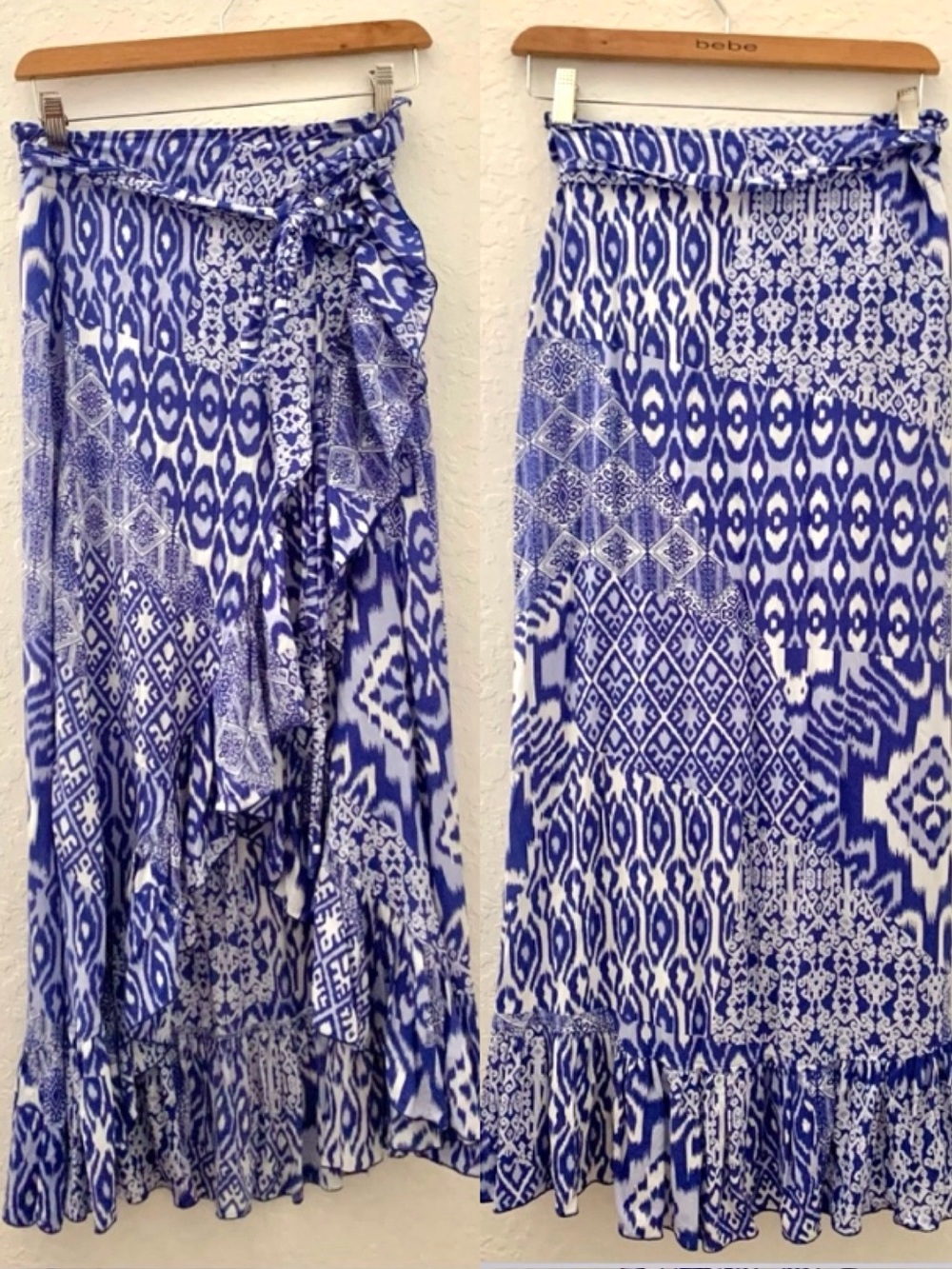 Sea Lustre Blue White Aztec Floral Ruffle Honey Wrap Maxi Skirt